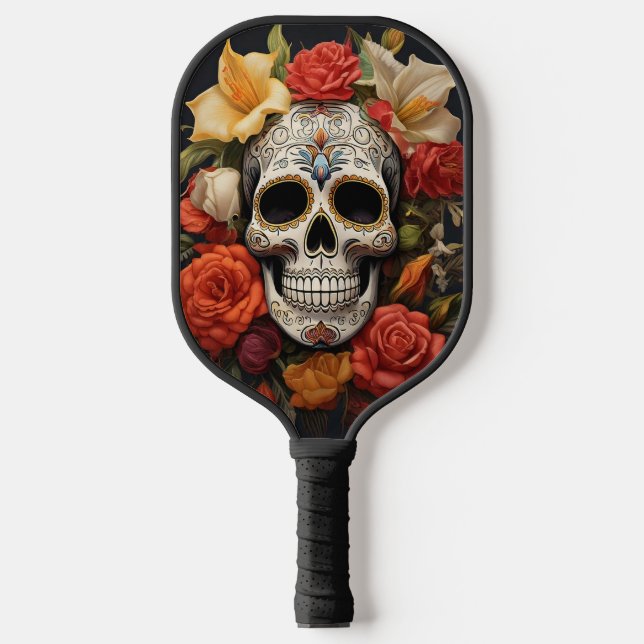 Sugar Skull Floral Pickleball Paddle (Front)
