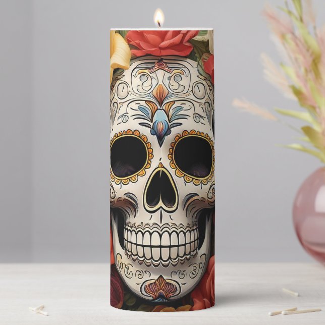 Sugar Skull Floral Pillar Candle (In Situ)