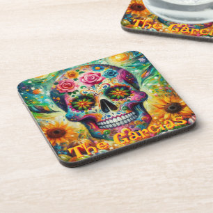 Sugar Skull Floral Roses Sunflower Personalized Beverage Coaster