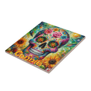 Sugar Skull Floral Roses Sunflower Personalized Ceramic Tile