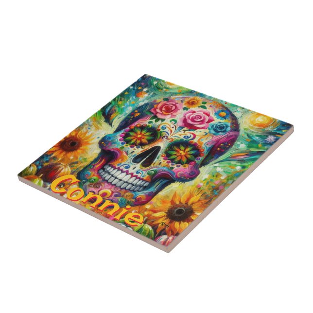 Sugar Skull Floral Roses Sunflower Personalized Ceramic Tile (Side)