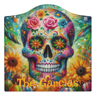 Sugar Skull Floral Roses Sunflower Personalized Door Sign