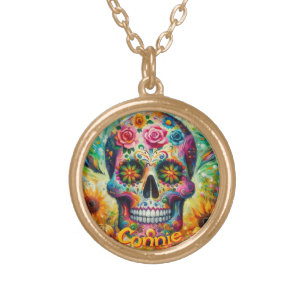 Sugar Skull Floral Roses Sunflower Personalized Gold Plated Necklace