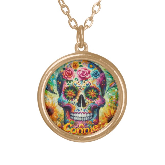 Sugar Skull Floral Roses Sunflower Personalized Gold Plated Necklace (Front)