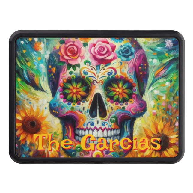Sugar Skull Floral Roses Sunflower Personalized Hitch Cover (Front)