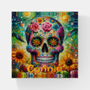 Sugar Skull Floral Roses Sunflower Personalized Paperweight
