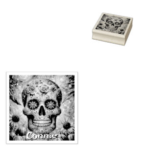 Sugar Skull Floral Roses Sunflower Personalized Rubber Stamp