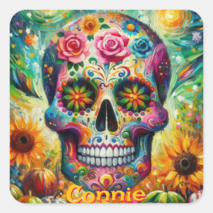 Sugar Skull Floral Roses Sunflower Personalized Square Sticker