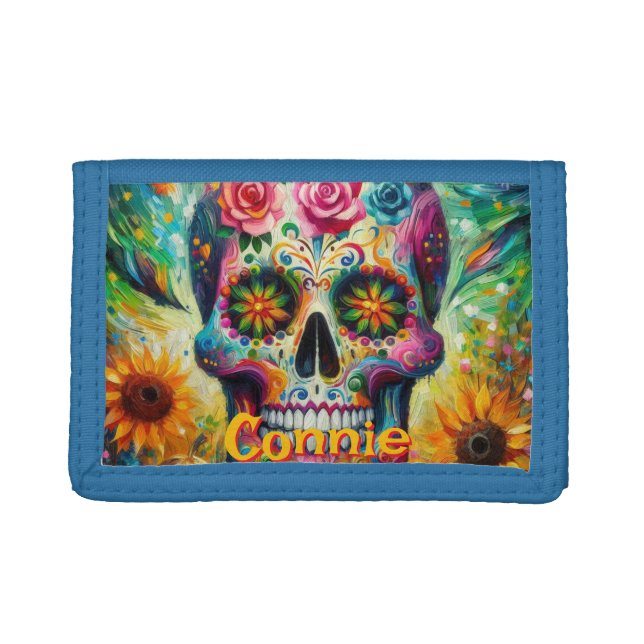 Sugar Skull Floral Roses Sunflower Personalized Trifold Wallet (Front)