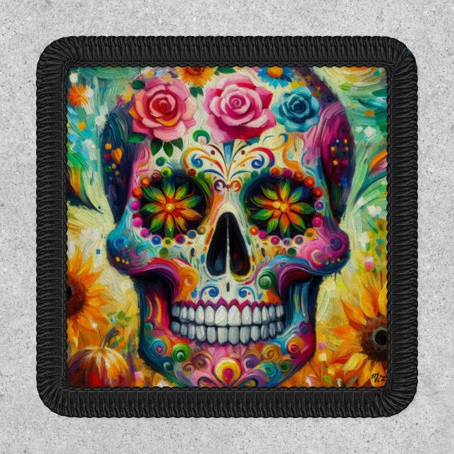 Sugar Skull Floral Roses Sunflower Pumpkins Yellow Patch (Front)