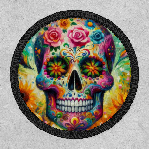 Sugar Skull Floral Roses Sunflower Pumpkins Yellow Patch