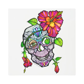 SUGAR SKULL & FLOWER 16"X16" METAL PRINT