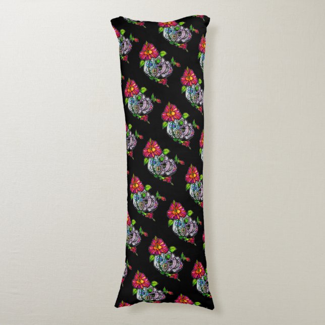 SUGAR SKULL & FLOWER BODY PILLOW (Front Vertical)
