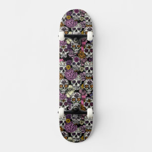 Sugar Skull Flower Ink Drawing Skateboard Deck