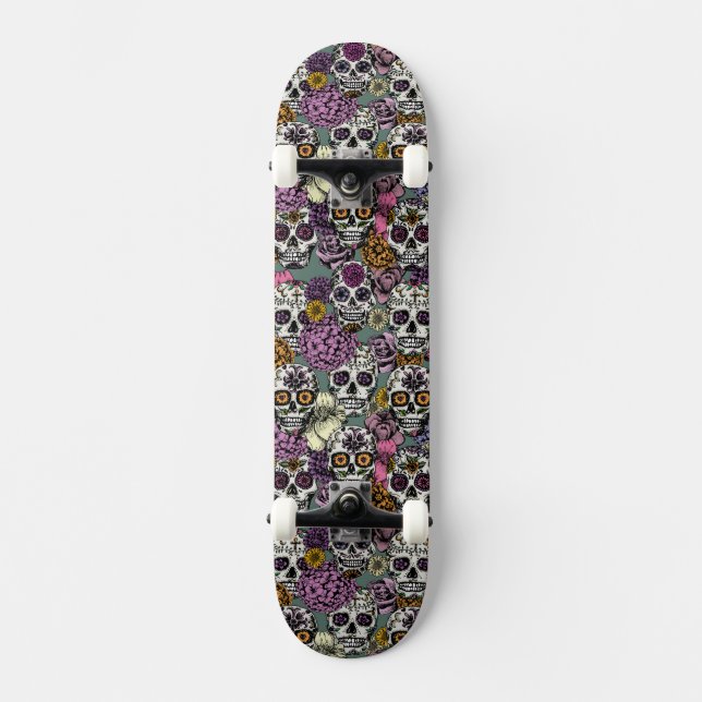 Sugar Skull Flower Ink Drawing Skateboard Deck (Front)