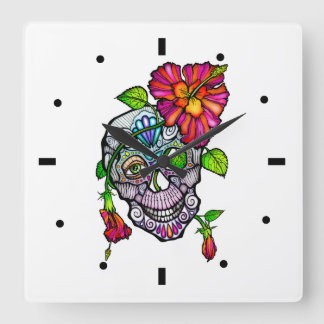 SUGAR SKULL & FLOWER SQUARE WALL CLOCK