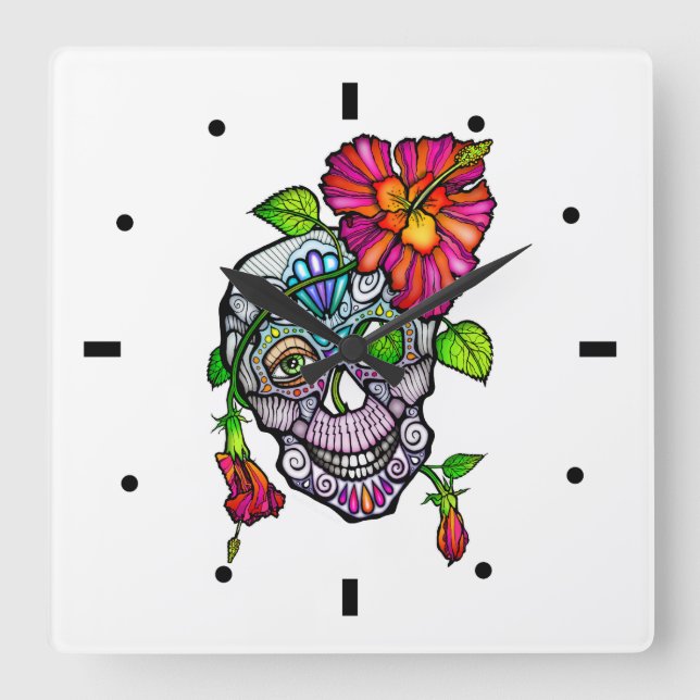 SUGAR SKULL & FLOWER SQUARE WALL CLOCK (Front)