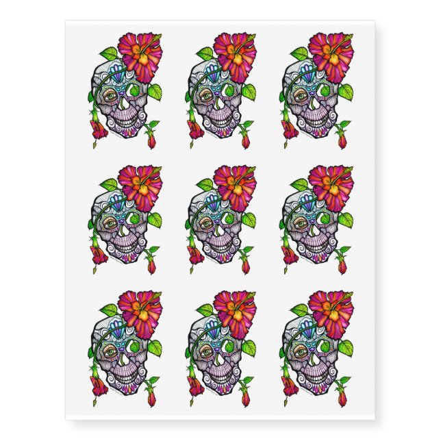 SUGAR SKULL & FLOWER TEMPORARY TATTOOS (Front)