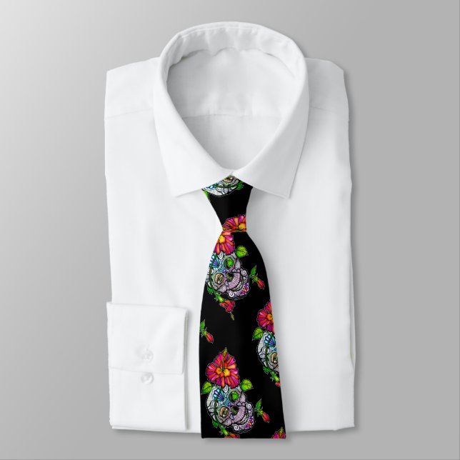 SUGAR SKULL & FLOWER TIE (Tied)