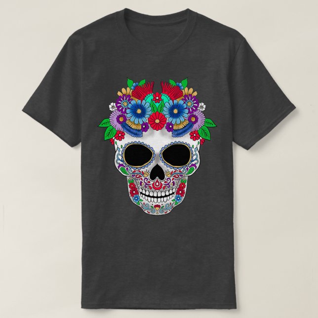 Sugar Skull Flowers Day Of The Dead T-Shirt (Design Front)