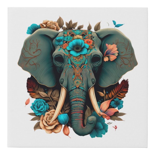 Sugar Skull Flowers Elephant Halloween Faux Canvas Print (Front)