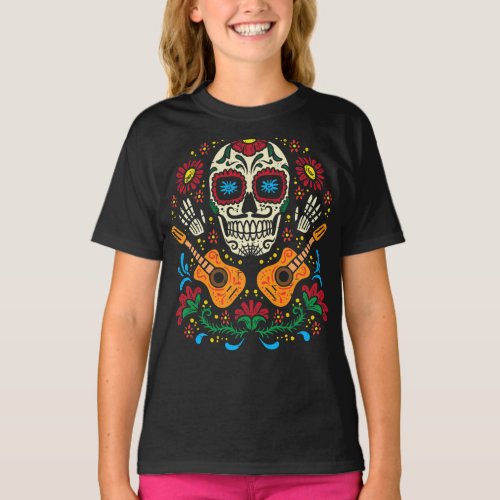 Sugar Skull Flowers Guitar Dia De Muertos Mexican  T_Shirt