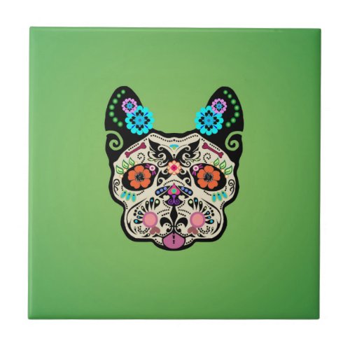 Sugar Skull Frenchie _ Green Ceramic Tile