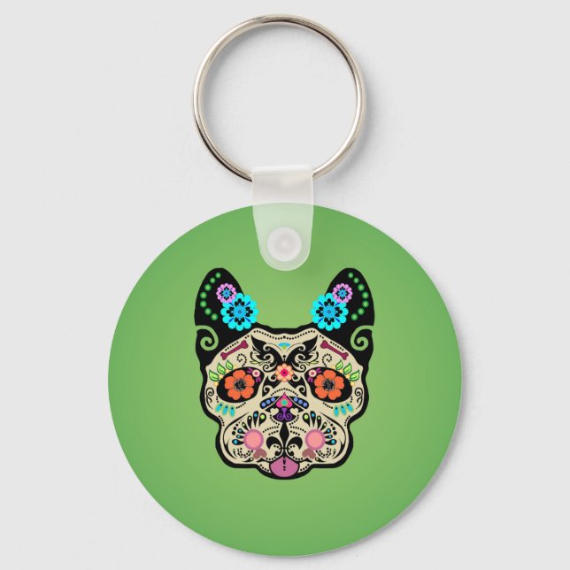 Sugar Skull Frenchie - Green Keychain (Front)