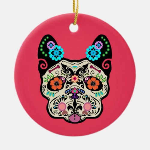 Sugar Skull Frenchie _ Pink Ceramic Ornament