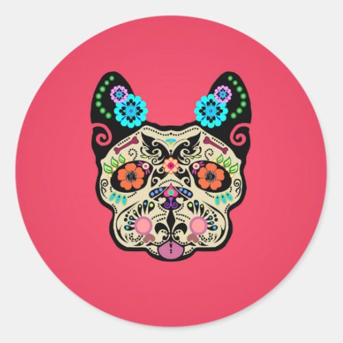 Sugar Skull Frenchie _ Pink Classic Round Sticker