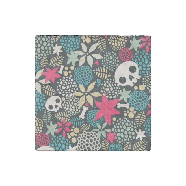 Sugar skull, funny monster, floral pattern, tropic stone magnet (Front)