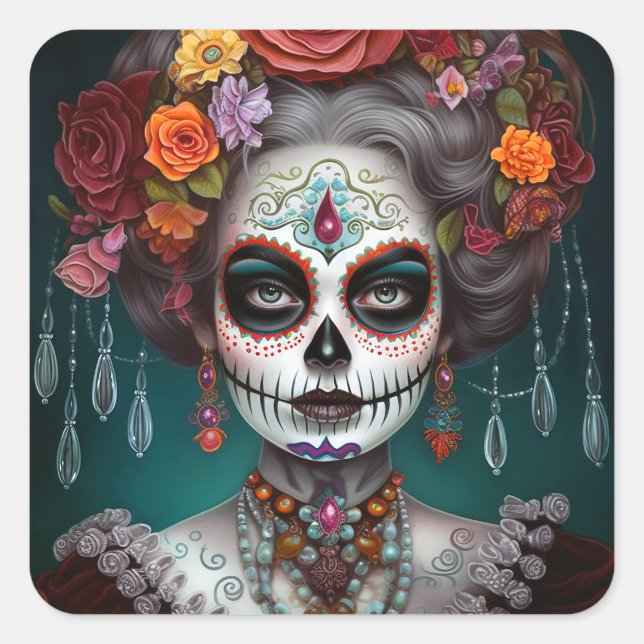 Sugar Skull Girl Day Of The Dead Square Sticker (Front)