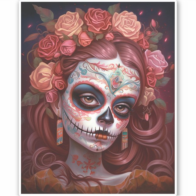Sugar Skull Girl Day Of The Dead Sticker (Front)