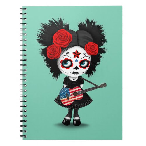 Sugar Skull Girl Playing American Flag Guitar Notebook