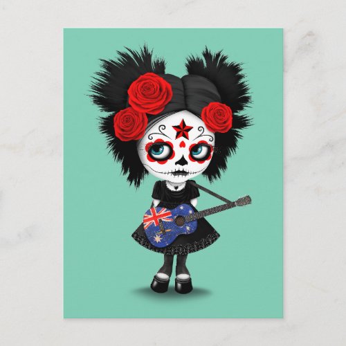 Sugar Skull Girl Playing Australian Flag Guitar Postcard