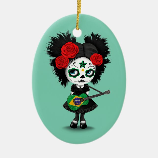 Sugar Skull Girl Playing Brazilian Flag Guitar Ceramic Ornament (Front)