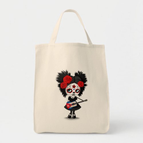 Sugar Skull Girl Playing Cuban Flag Guitar Tote Bag