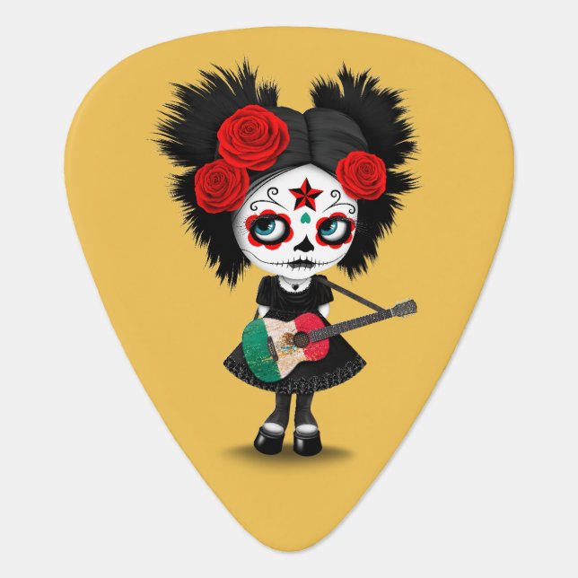 Sugar Skull Girl Playing Mexican Flag Guitar Guitar Pick (Front)