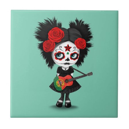 Sugar Skull Girl Playing Portuguese Flag Guitar Ceramic Tile