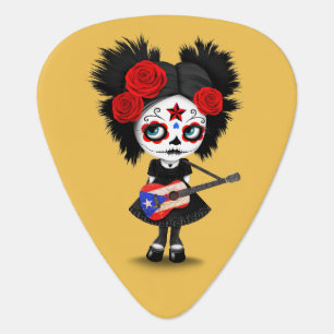 Sugar Skull Girl Playing Puerto Rican Flag Guitar Guitar Pick