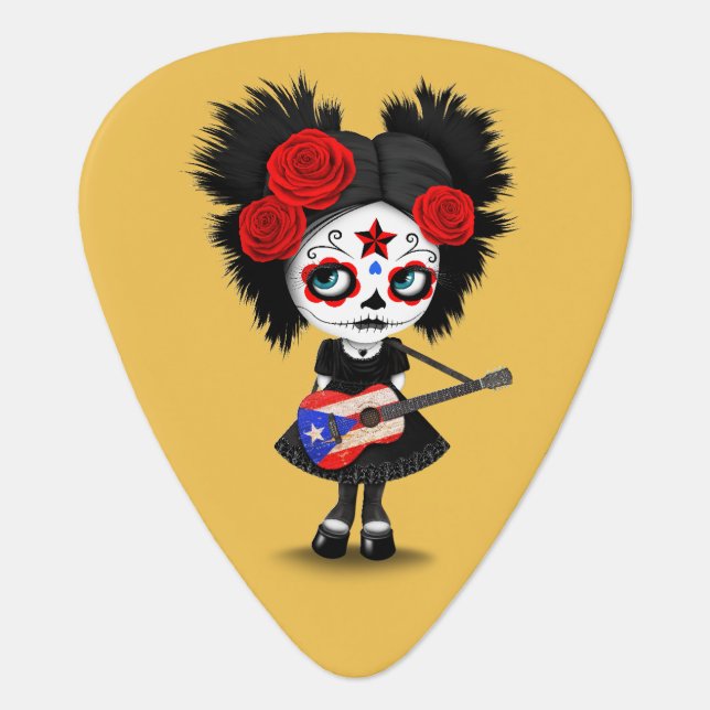 Sugar Skull Girl Playing Puerto Rican Flag Guitar Guitar Pick (Front)