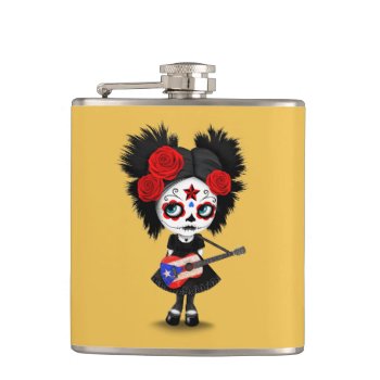 Sugar Skull Girl Playing Puerto Rican Flag Guitar Hip Flask by crazycreatures at Zazzle