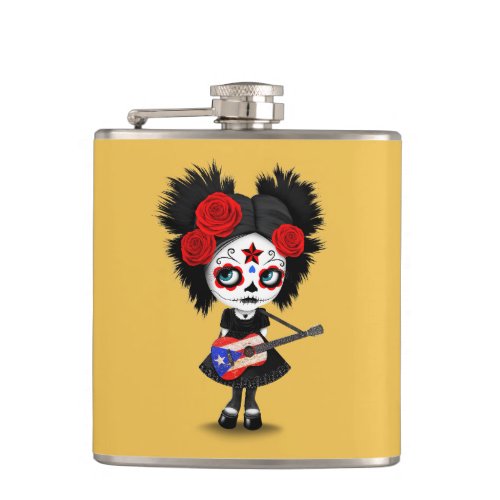 Sugar Skull Girl Playing Puerto Rican Flag Guitar Hip Flask