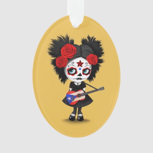 Sugar Skull Girl Playing Puerto Rican Flag Guitar Ornament
