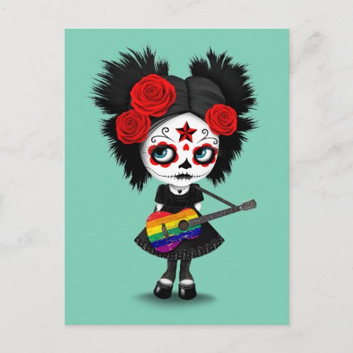 Sugar Skull Girl Playing Rainbow Flag Guitar Postcard