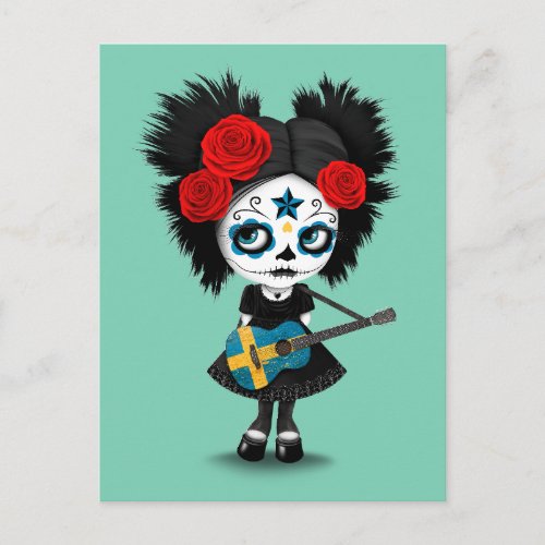 Sugar Skull Girl Playing Swedish Flag Guitar Postcard