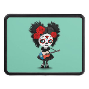 Sugar Skull Girl Playing Texas Flag Guitar Trailer Hitch Cover