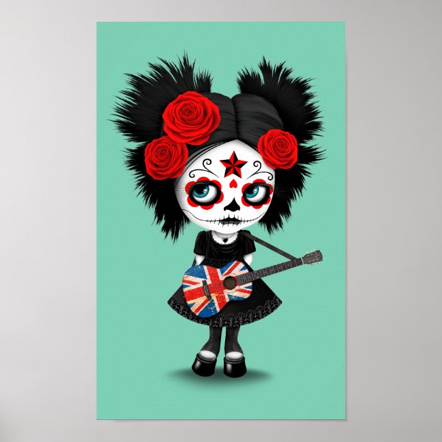 Sugar Skull Girl Playing Union Jack Guitar Poster (Front)