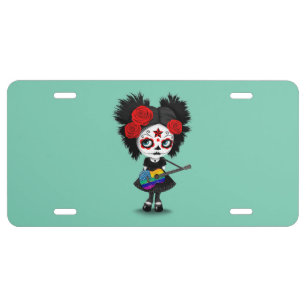 Sugar Skull Girl Playing USA Rainbow Flag Guitar License Plate