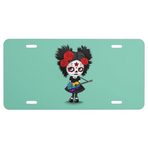 Sugar Skull Girl Playing USA Rainbow Flag Guitar License Plate